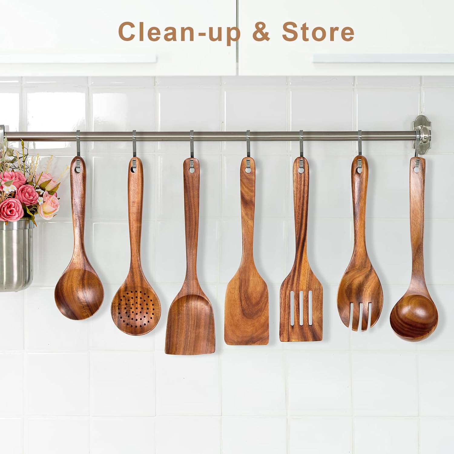 7pcs Wooden Spoons for Cooking, Utensil Set with Hanging Hooks - Image 4